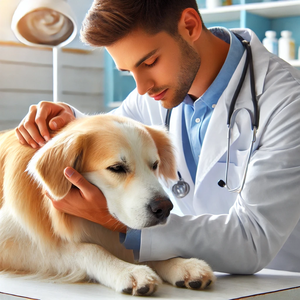 DALL·E 2025 03 19 11.48.35 A peaceful and inspiring image of a dog receiving a veterinary check up with a caring veterinarian gently examining the dog. The theme should focus o
