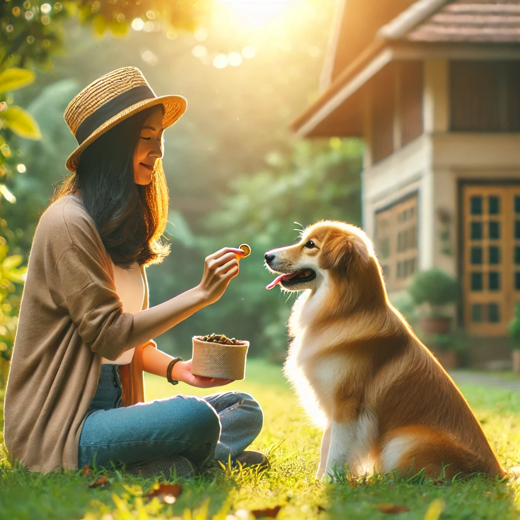 DALL·E 2025 03 19 11.48.38 A charming and educational image of a dog being trained by its owner in a calm and positive environment. The dog should be learning basic commands lik