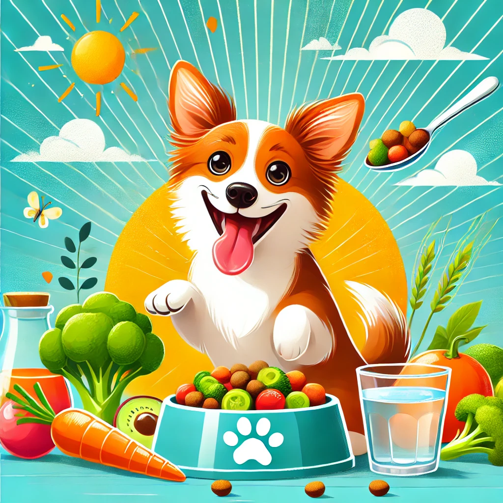 DALL·E 2025 03 19 11.48.55 A vibrant and engaging image of a happy dog enjoying a healthy meal with a bowl of premium dog food fresh vegetables and a water bowl nearby showca